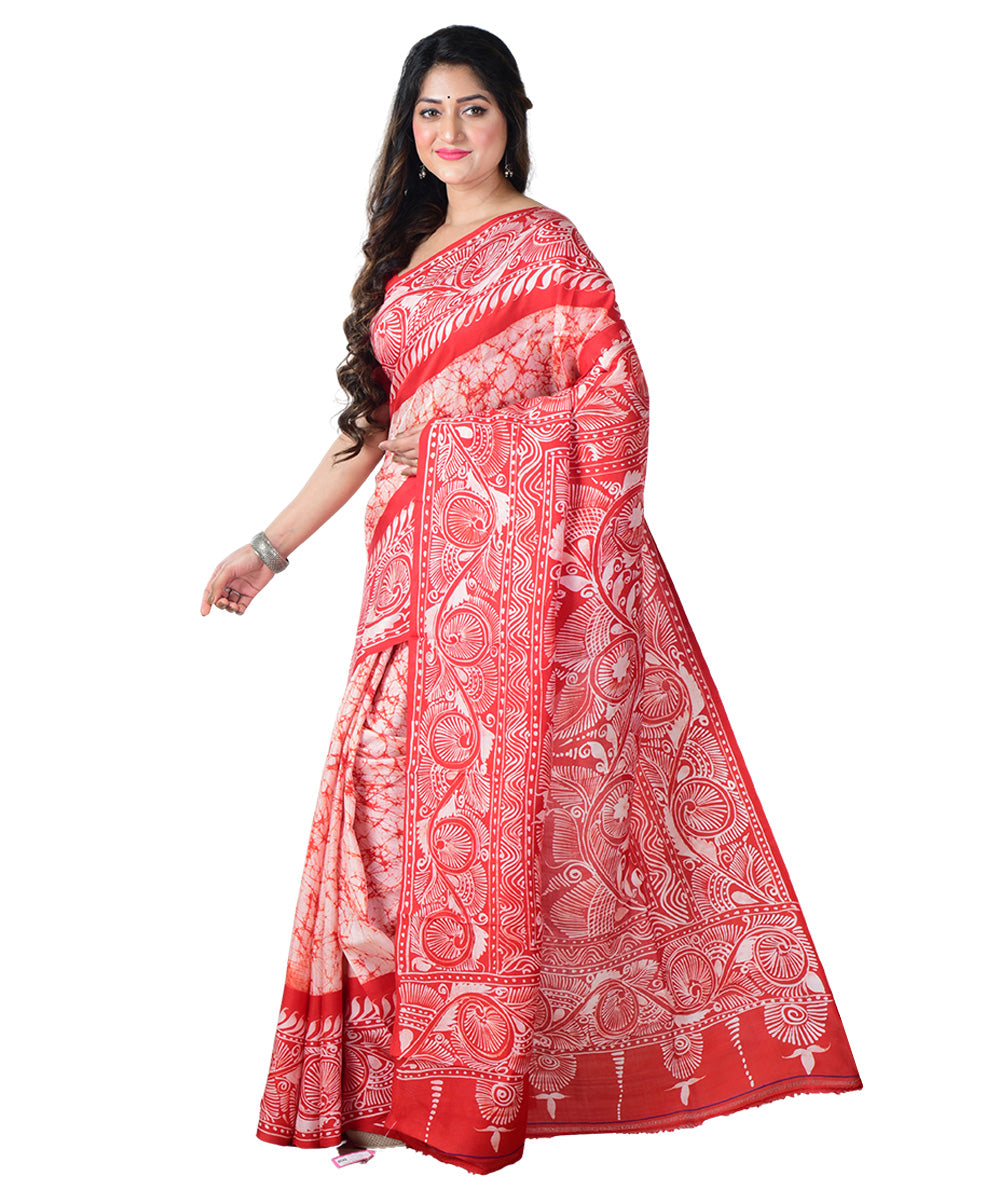Red white batik print handprinted silk saree