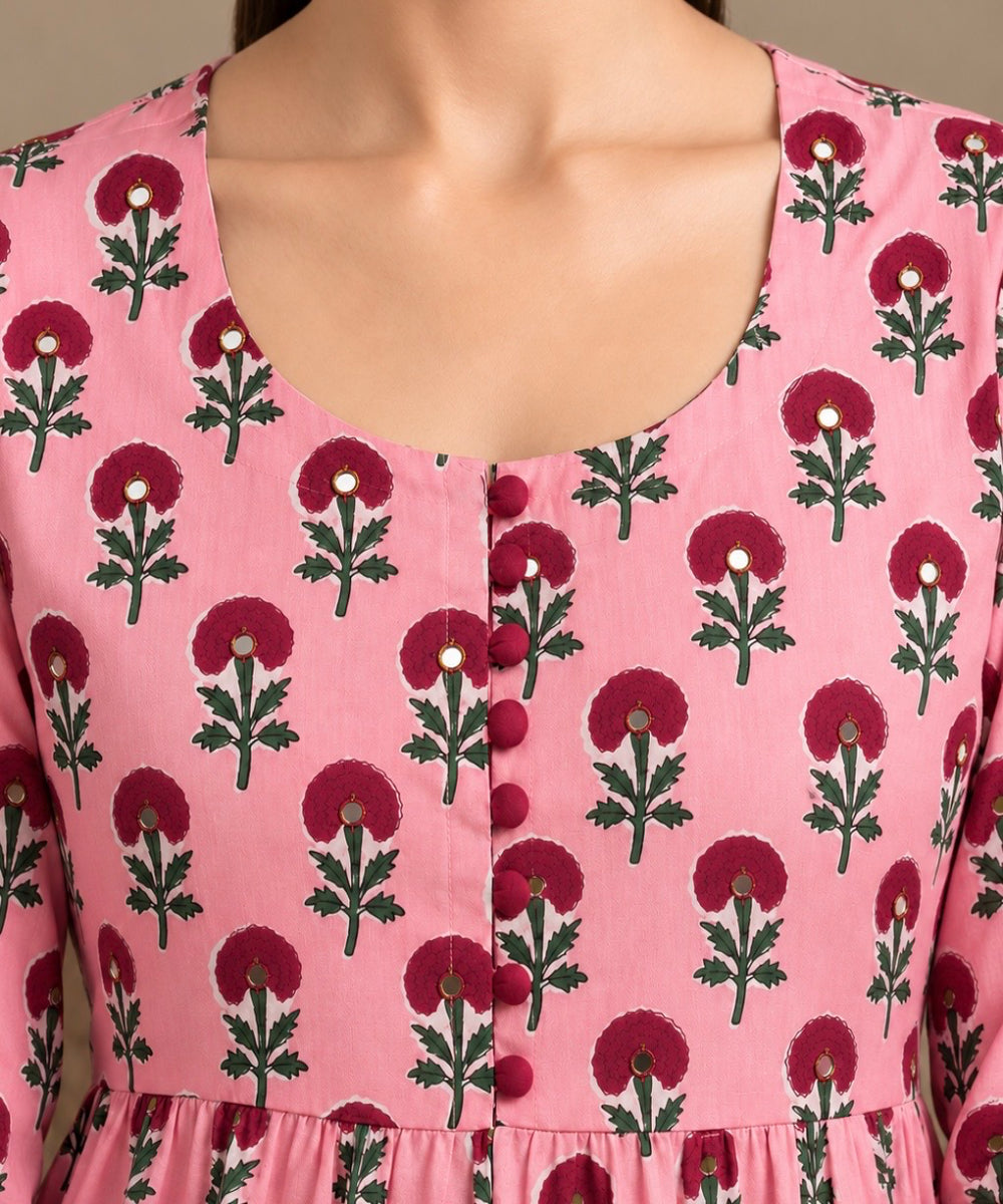 Peach and marron hand block printed Anarkali cotton Kurta set