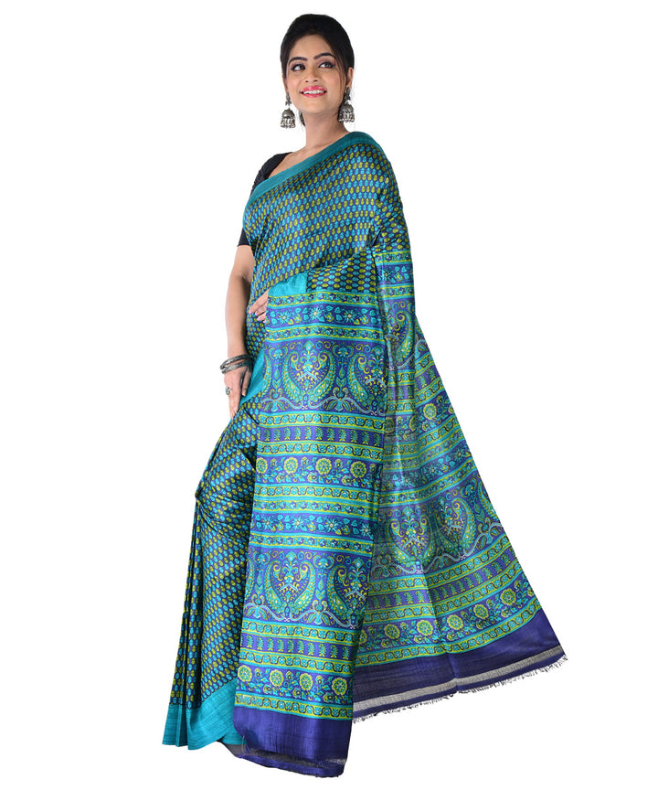 Dark green multicolor hand printed silk saree