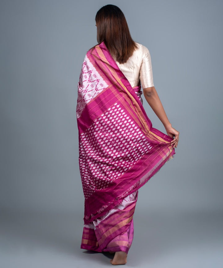 White pink handwoven pochampally ikat saree