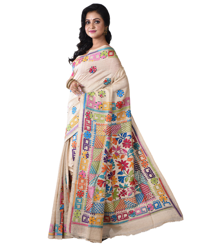 Beige multicolor hand kantha stitched tussar silk saree