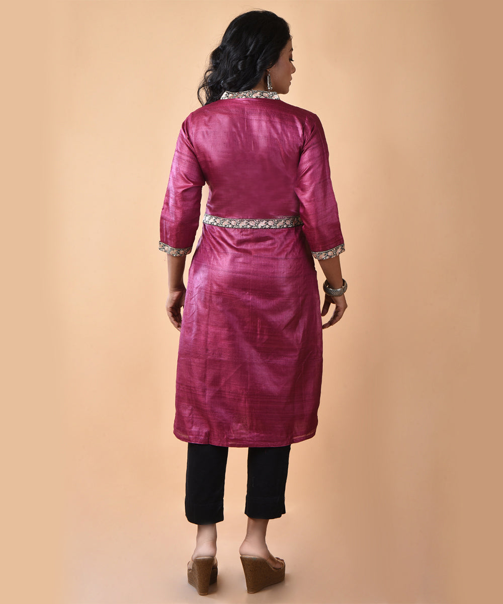 Maroon handwoven tussar silk kurti with aari work border