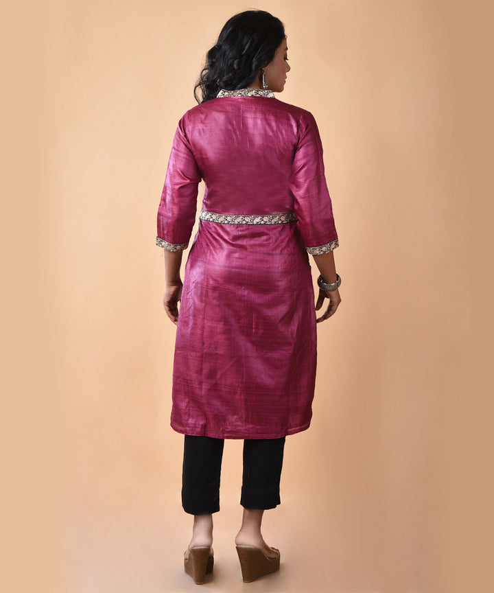 Maroon handwoven tussar silk kurti with aari work border