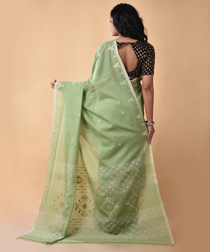 Olive green cotton handwoven jamdani saree