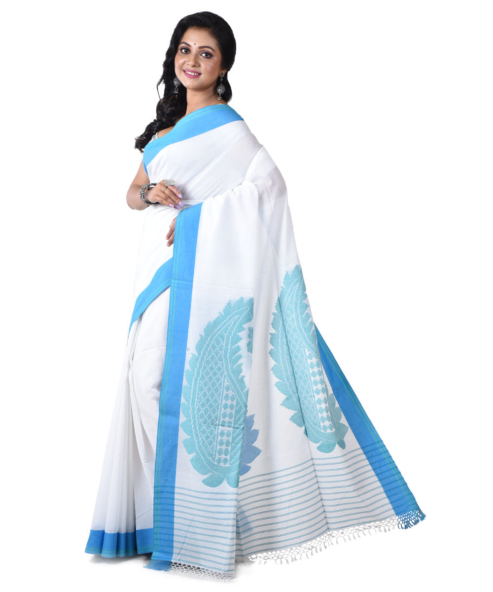 White cyan blue handloom cotton shantipuri saree
