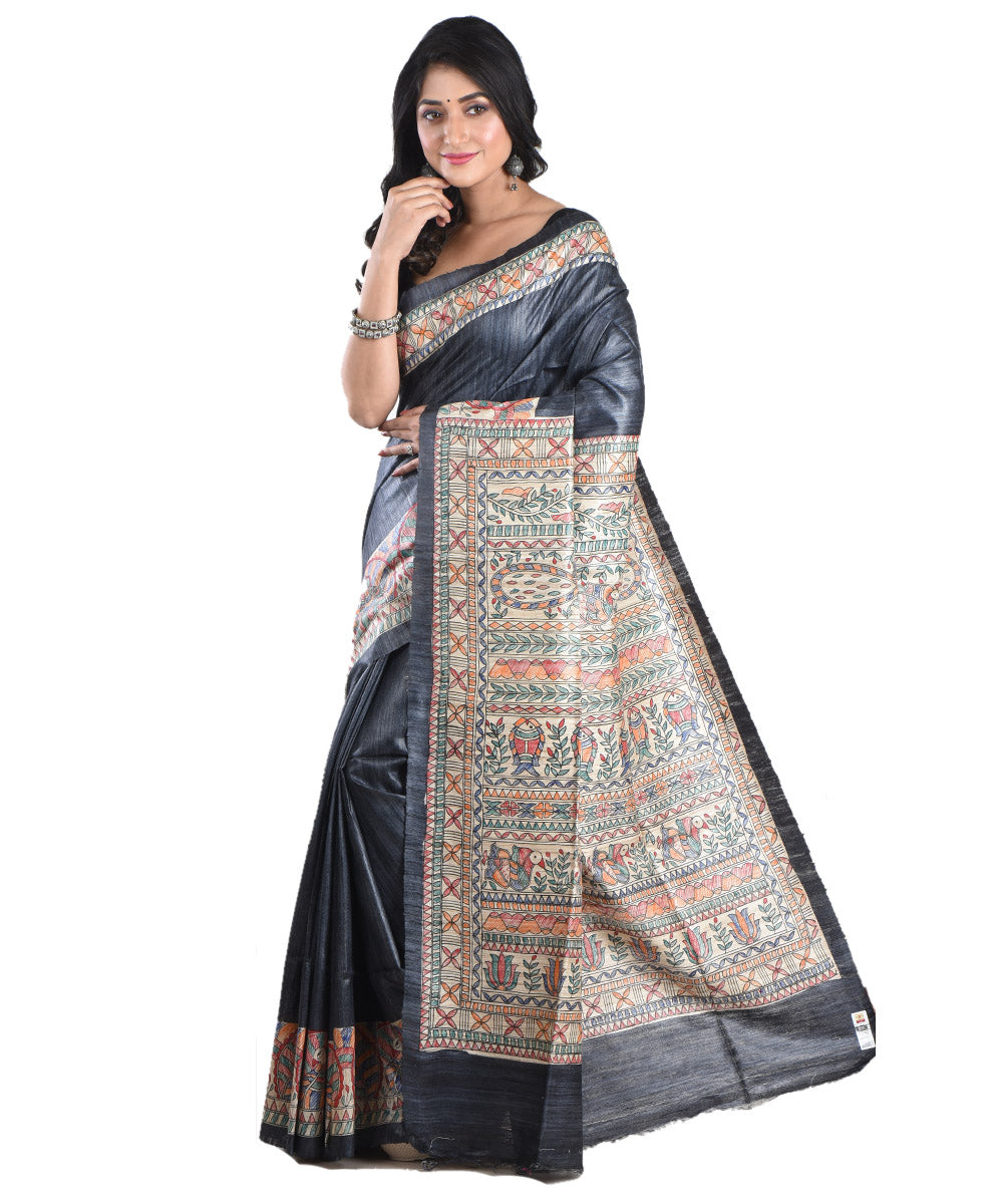 Black multicolor handloomtussar silk madhubani painting saree