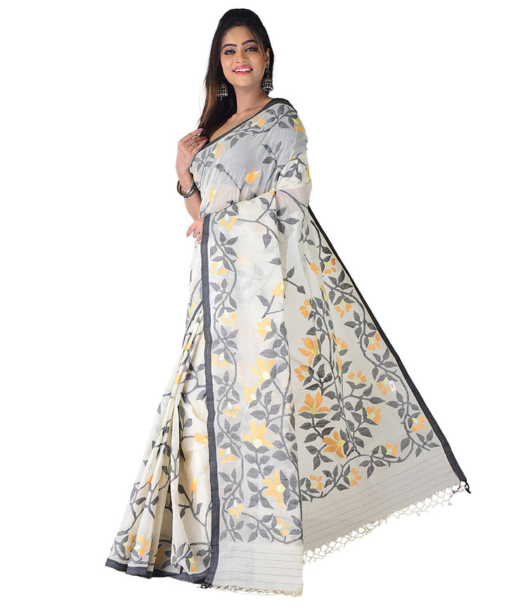 White multicolor hand woven cotton saree