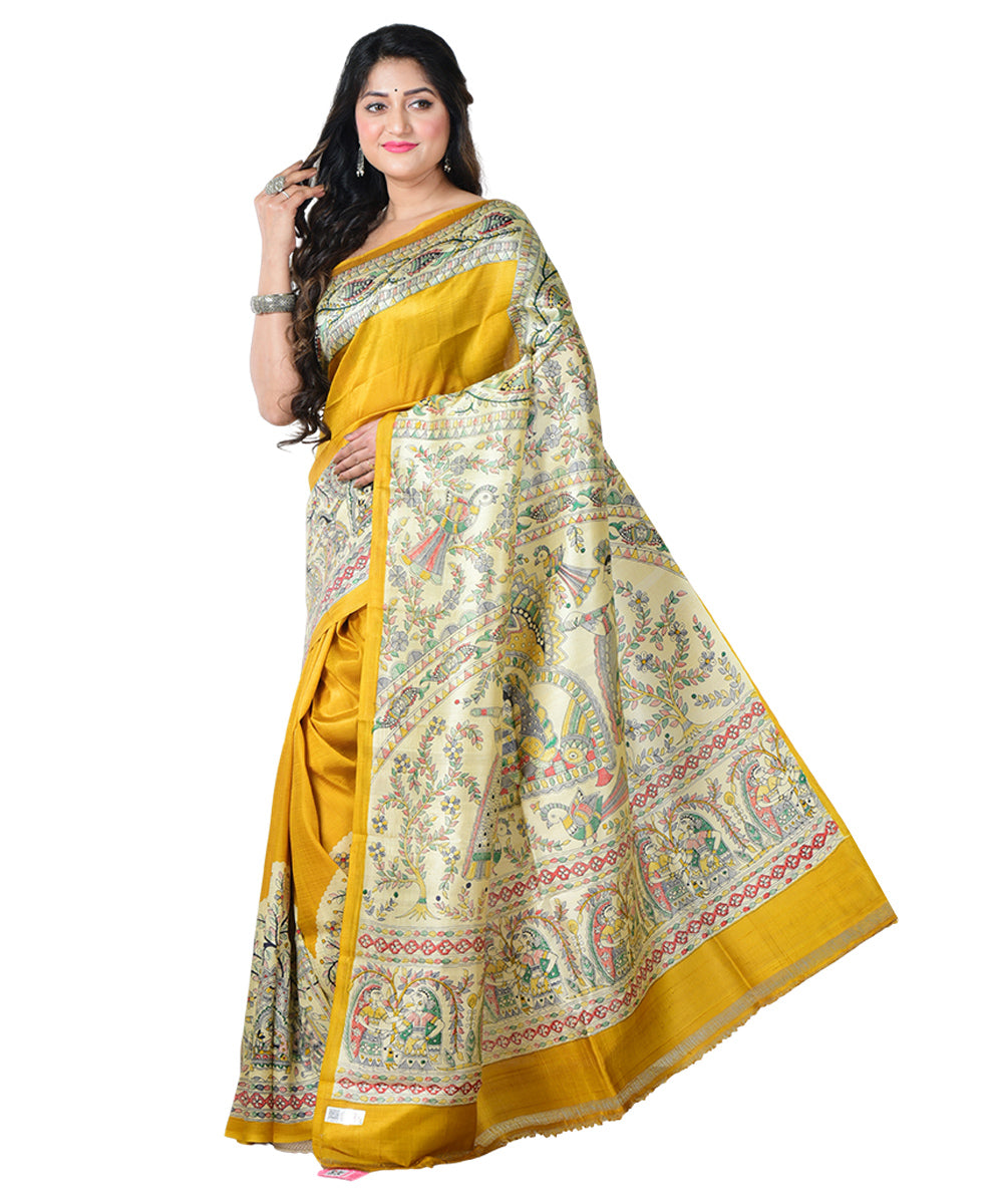 Yellow multicolor block print handprinted silk saree
