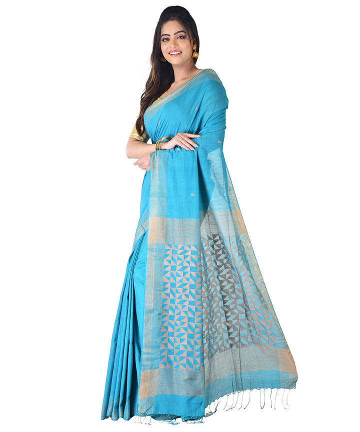 Cyan blue handwoven cotton silk saree