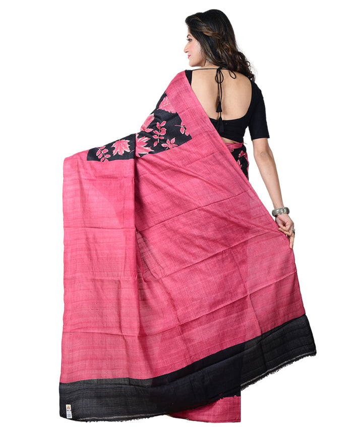 Black pink block print handprinted tussar silk saree