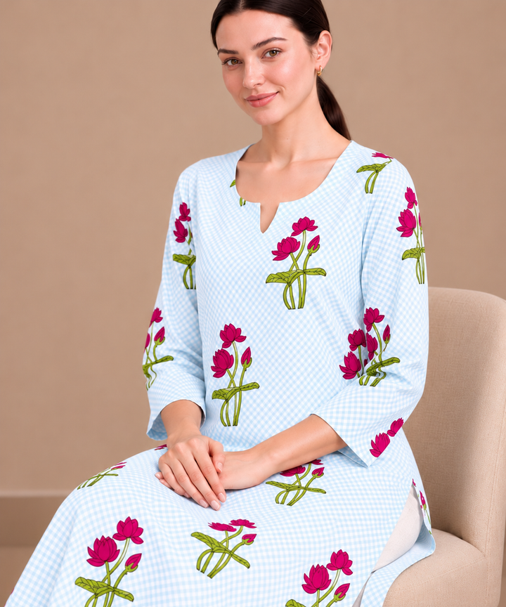 Aqua blue red lotus hand block printed pure cotton kurti