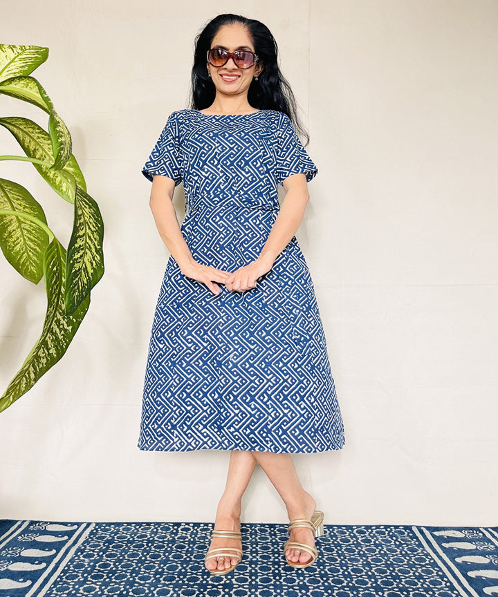 Indigo dyed cotton hand block printed dress