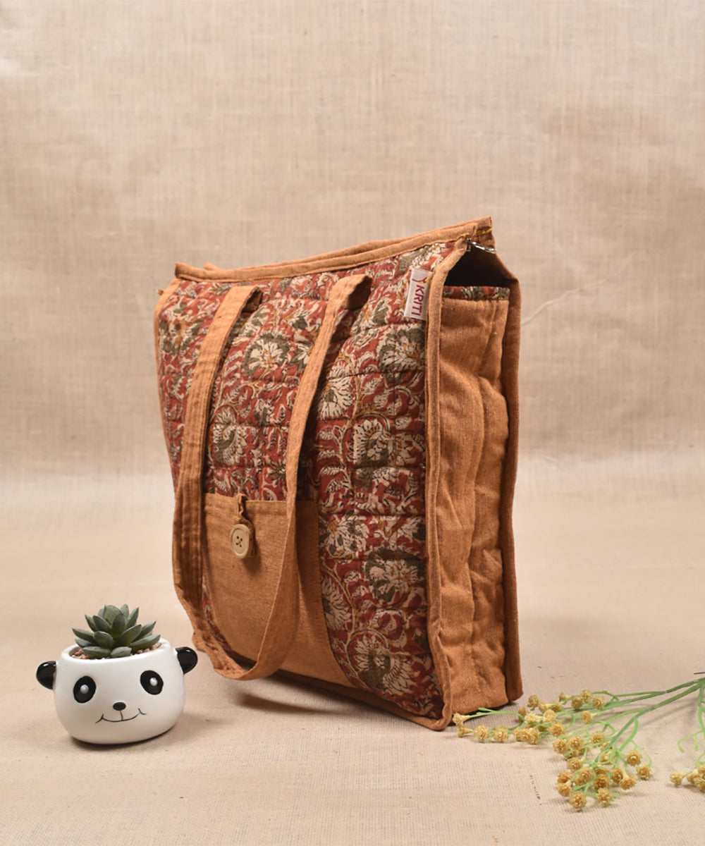 Brown kalamakari quilted tote bag medium