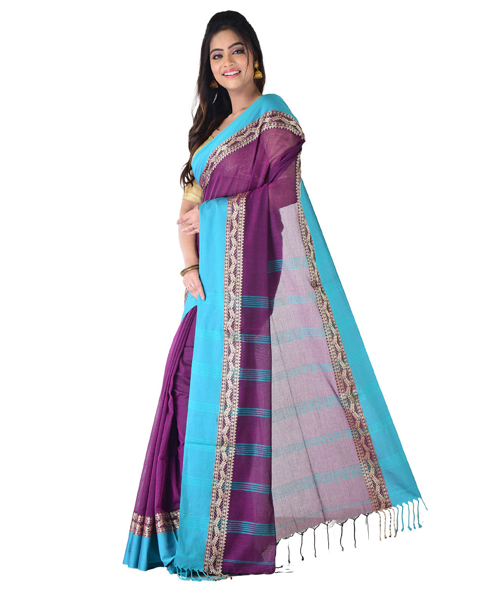 Purple cyan blue handwoven cotton saree