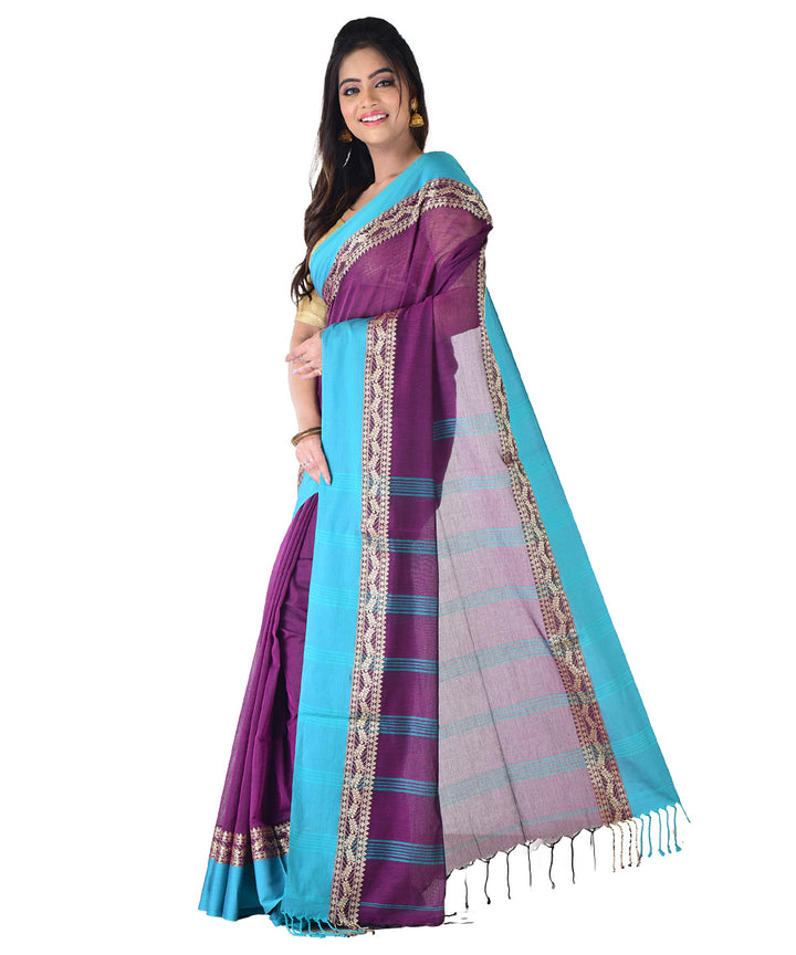 Purple cyan blue handwoven cotton saree