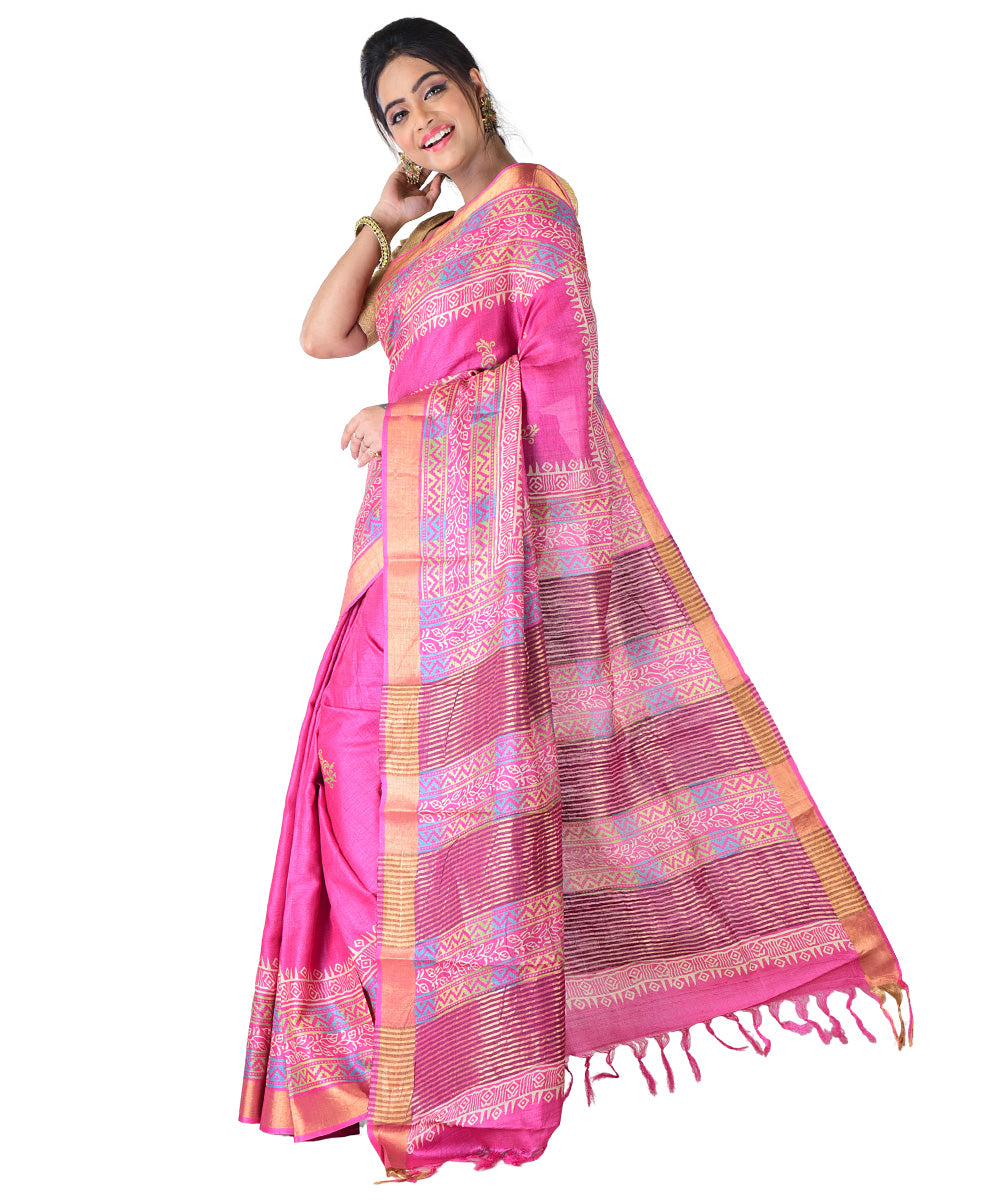 Pink hand printed tussar silk saree