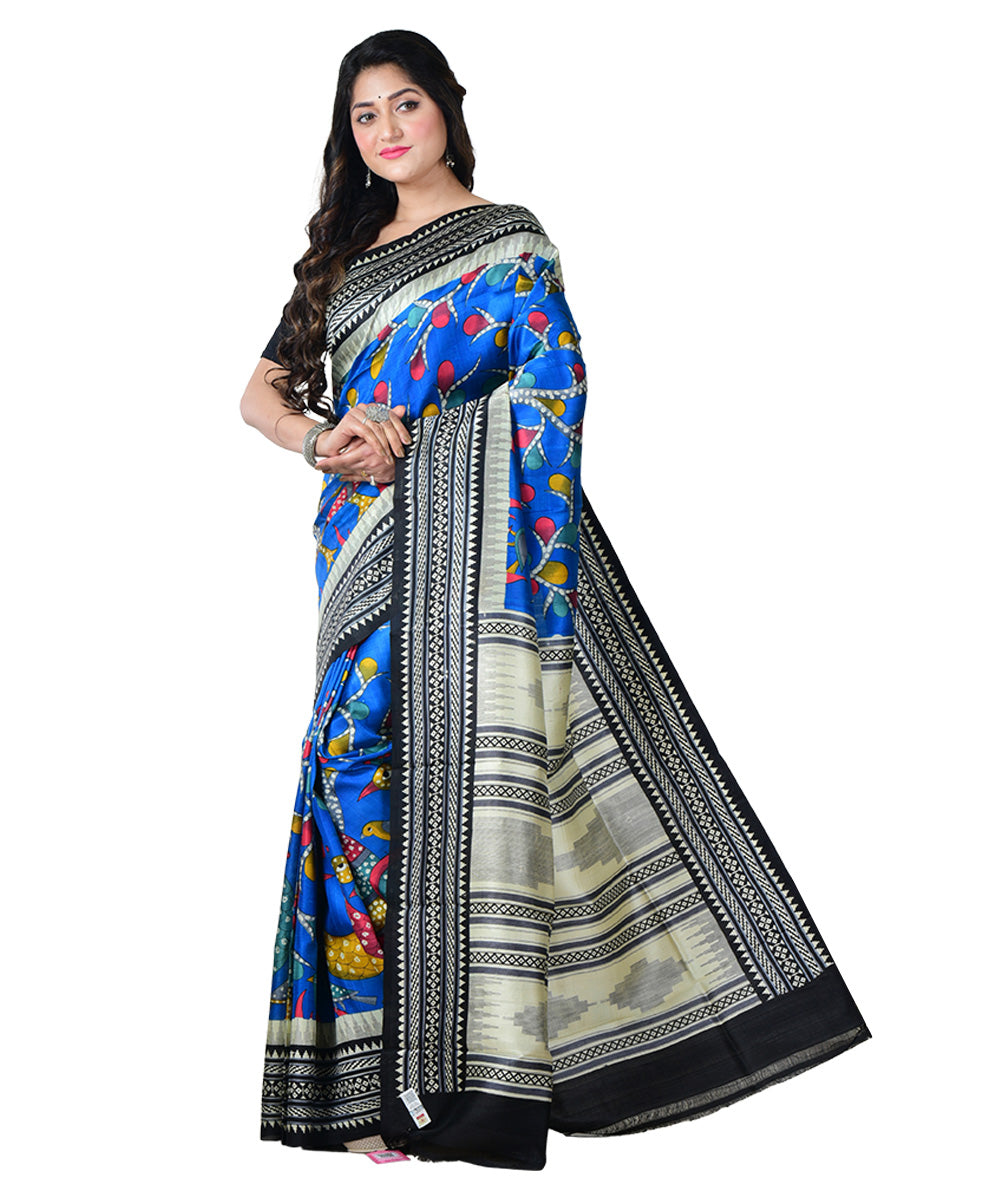 Navy blue Black block print handprinted silk saree