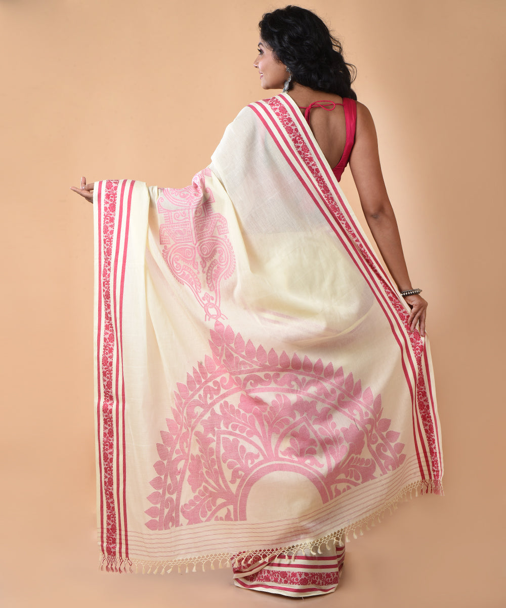 Cream red cotton handwoven jamdani saree