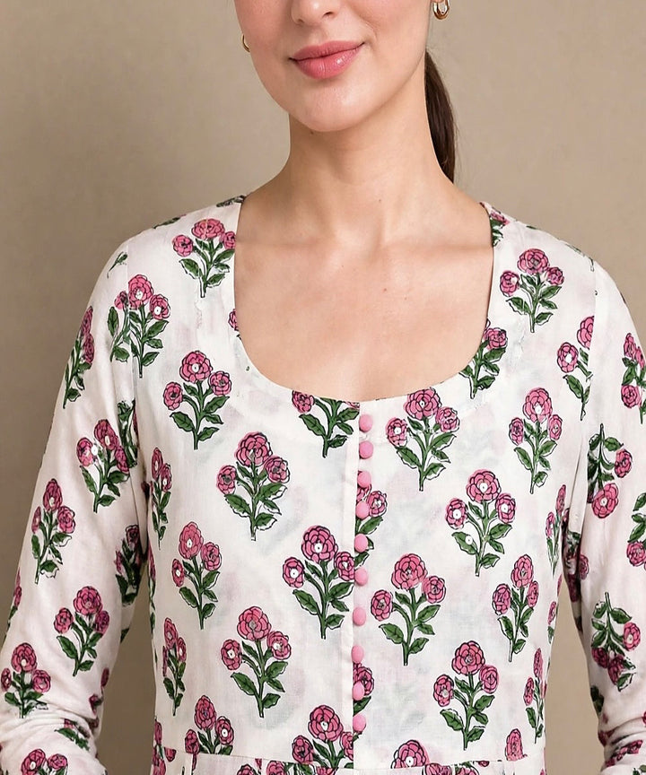 Pink white hand block printed Anarkali cotton Kurta set