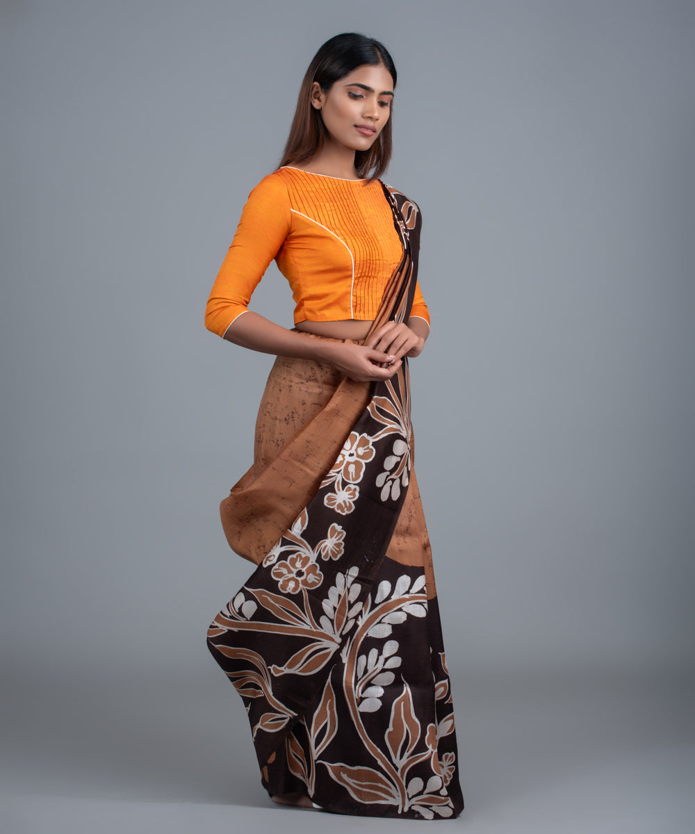 Brown mulberry silk hand painted batik saree