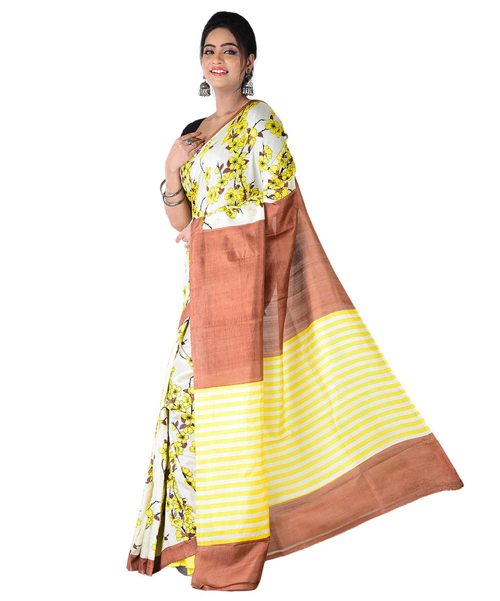 Yellow multicolor hand block printed silk saree