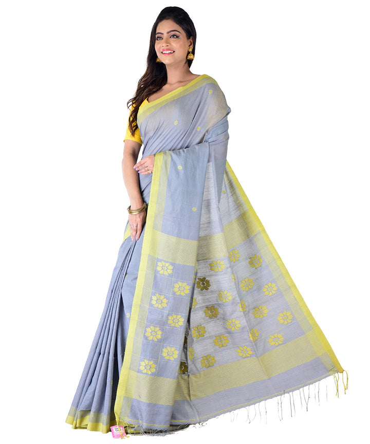 Grey yellow handwoven cotton silk saree