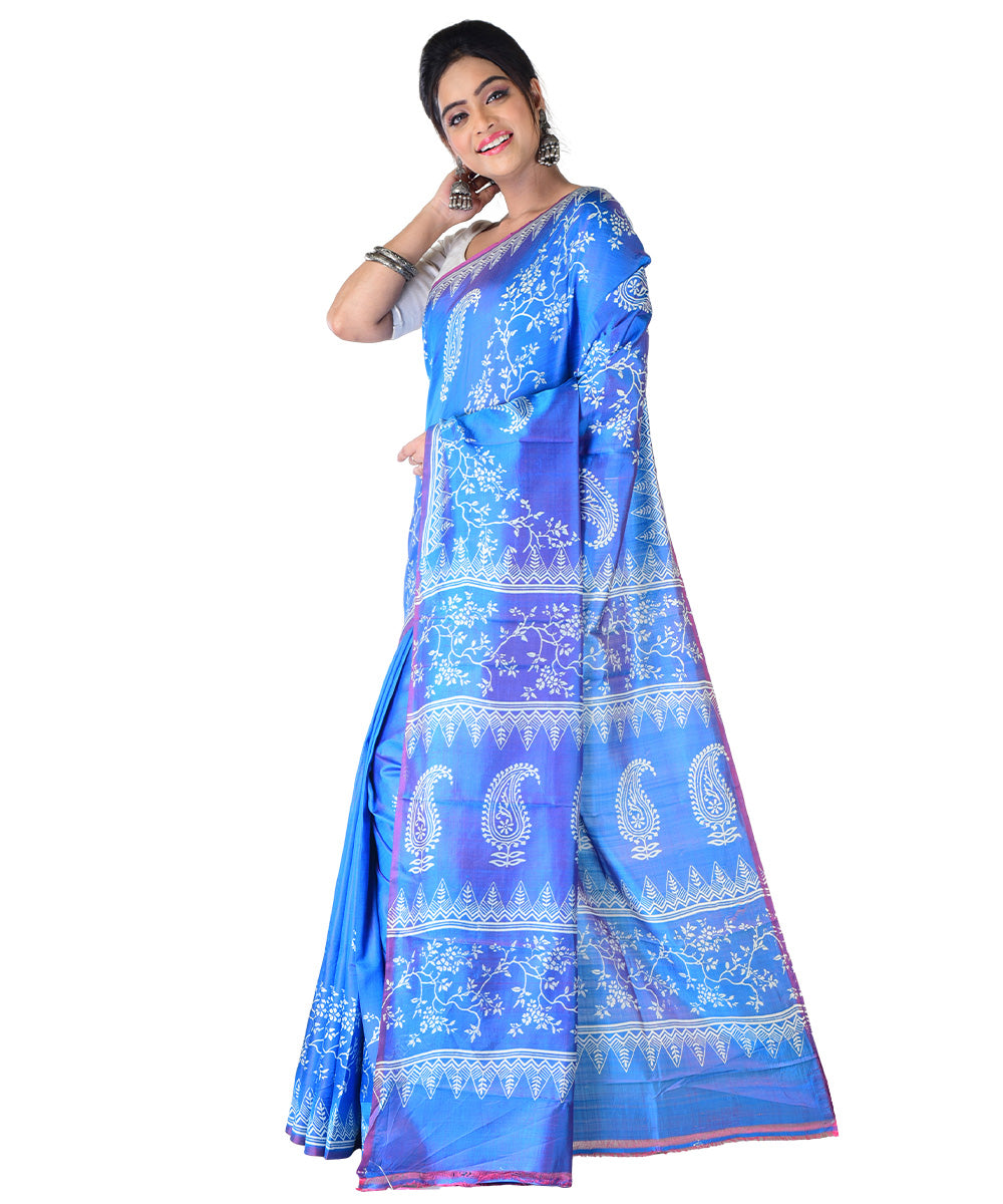 Navy blue white hand printed silk saree