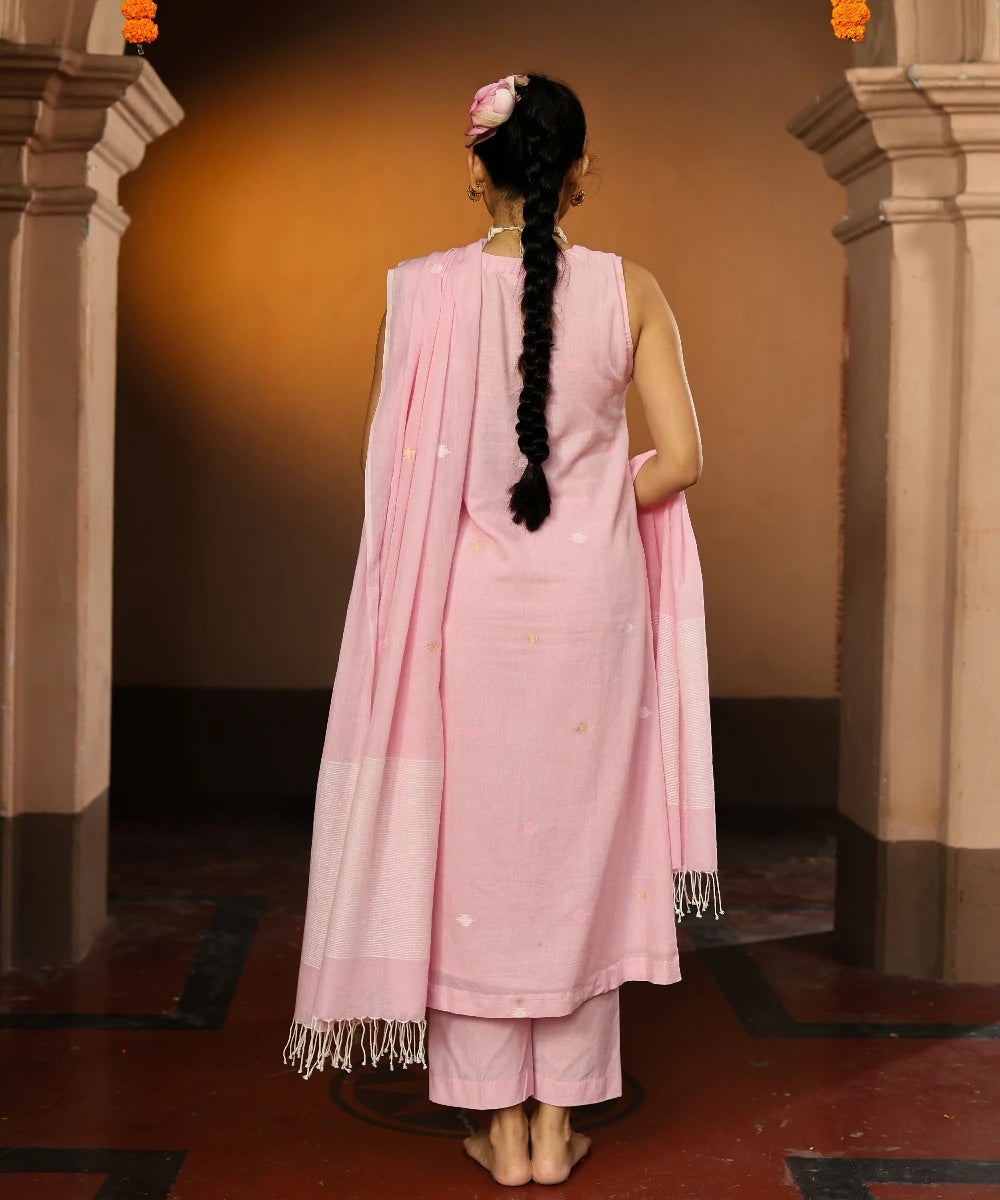 Handloom pastel pink cotton zari jamdani kurta set with dupatta