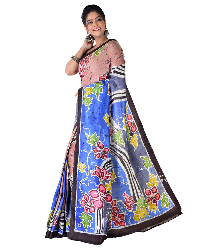 Brown multicolor hand printed silk saree