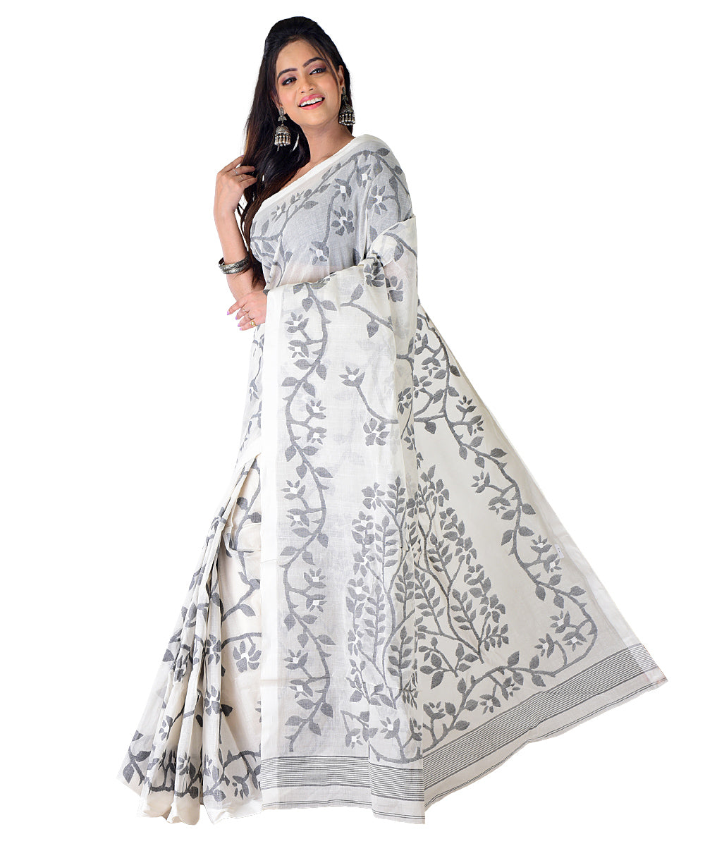 White black handwoven cotton saree