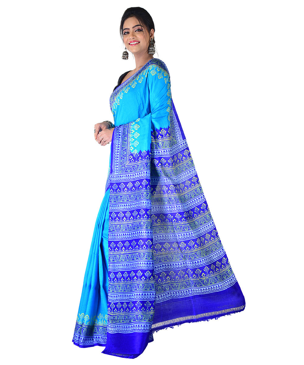 Cyan blue navy blue hand printed silk saree