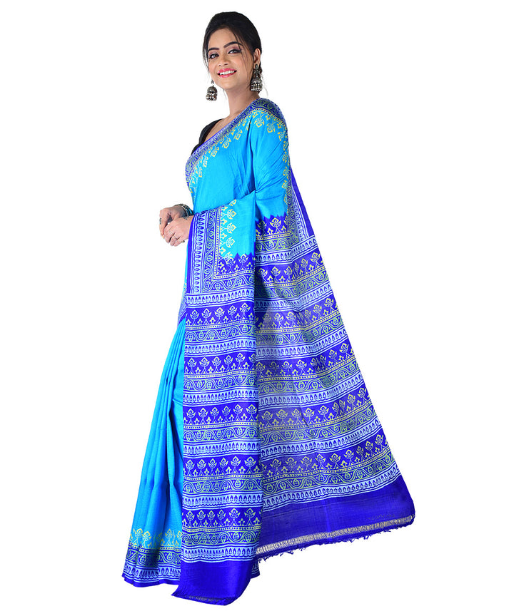 Cyan blue navy blue hand printed silk saree