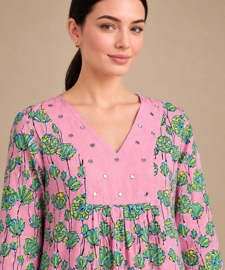 Pink lotus hand block printed A line cotton kurta set