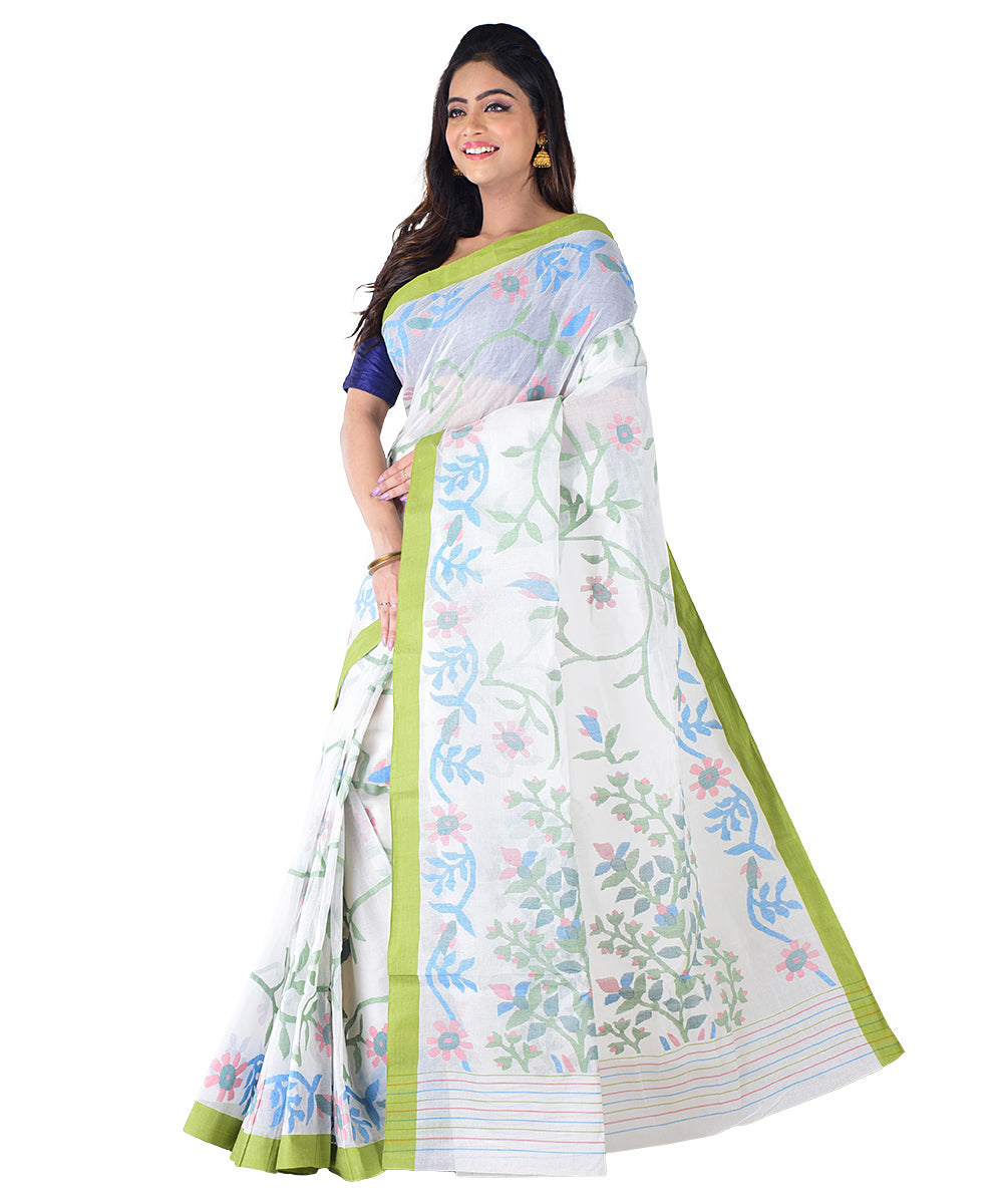 White sky blue multicolor handwoven cotton saree