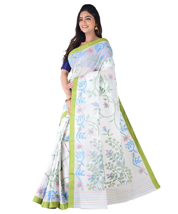 White sky blue multicolor handwoven cotton saree