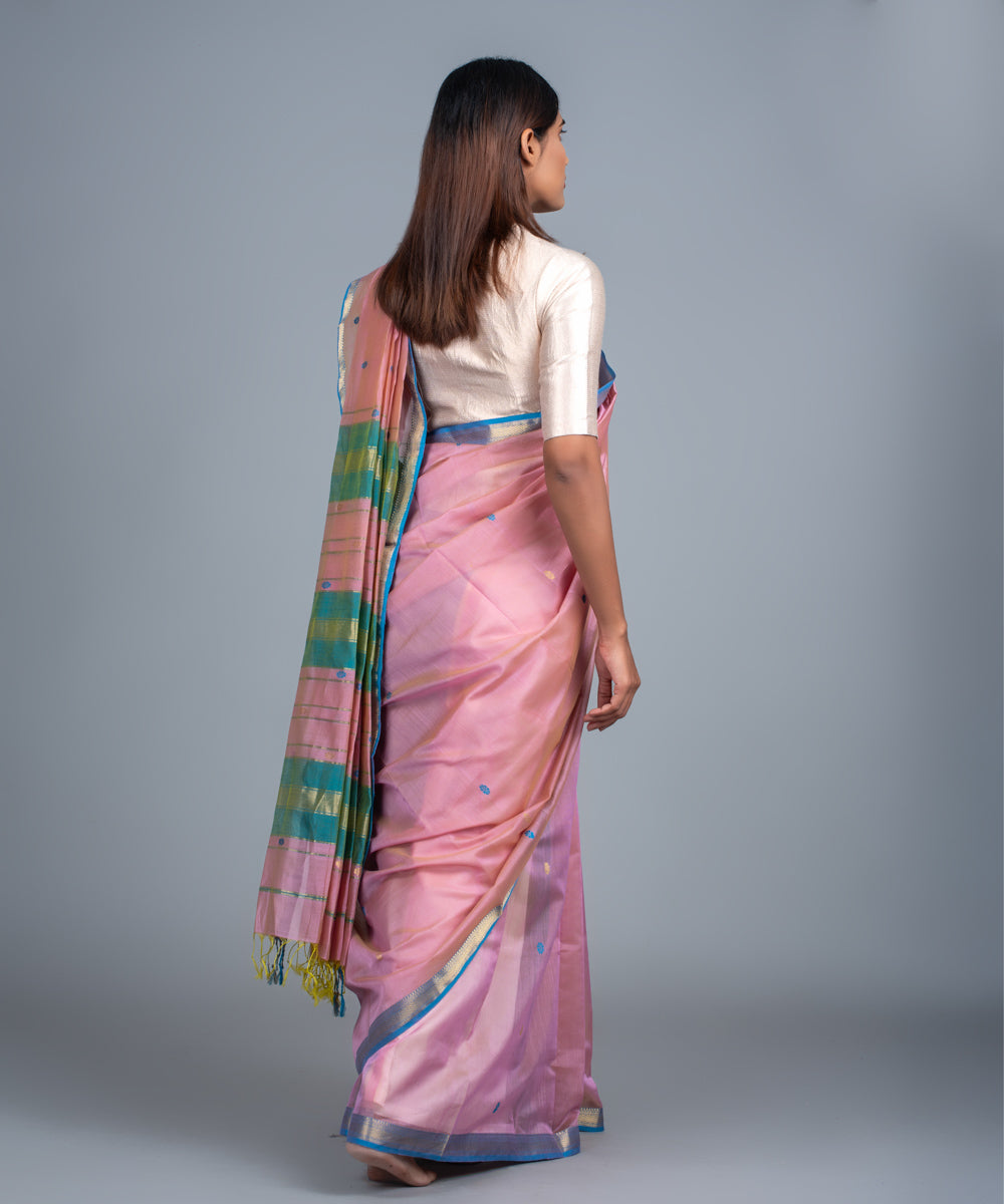 Pink green handwoven maheshwari cotton silk saree