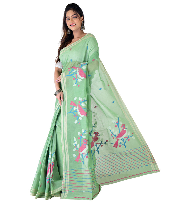 Light green multicolor handwoven cotton saree