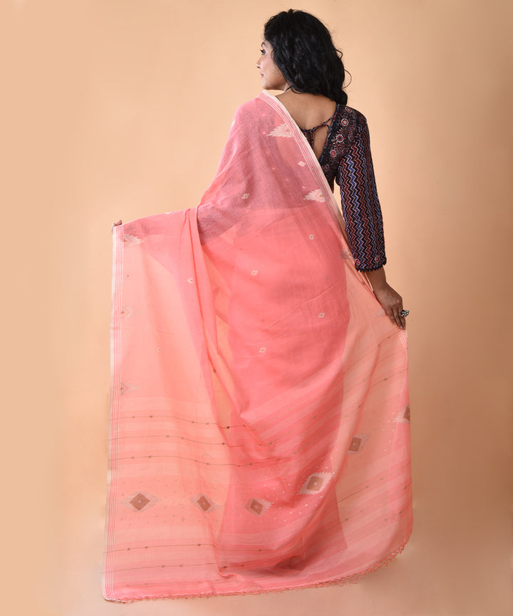 Peach white cotton handwoven jamdani saree
