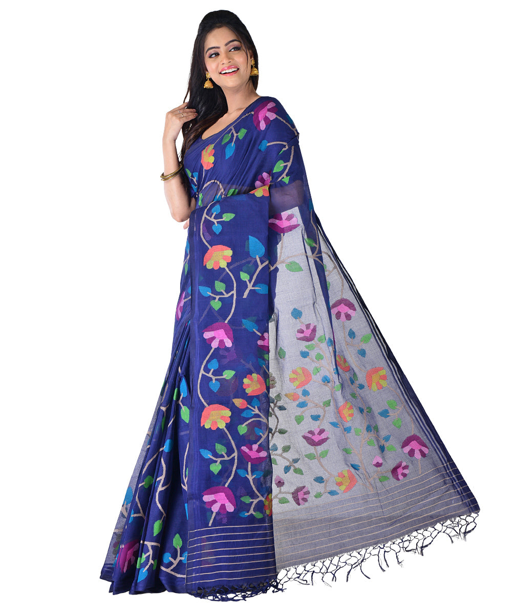 Navy blue multicolor handwoven cotton saree