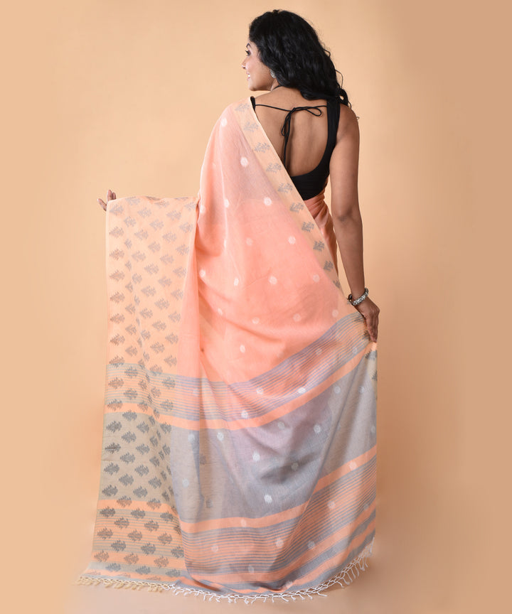 Peach handwoven jamdani cotton saree
