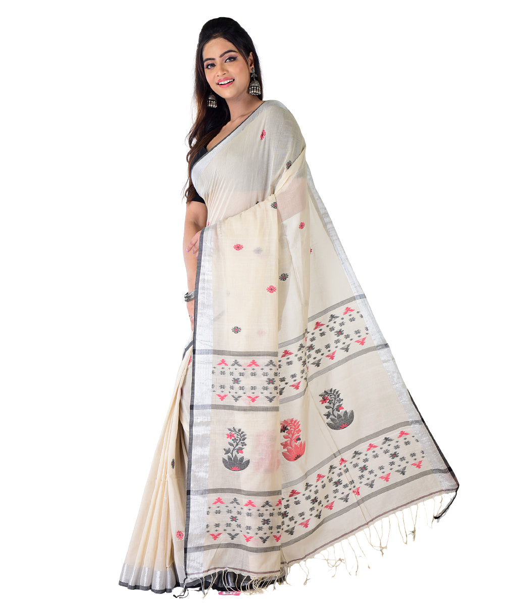 Beige multicolor handwoven buti cotton saree