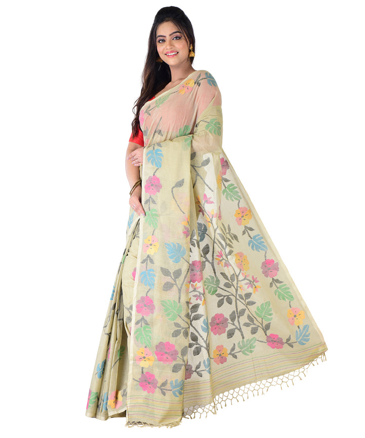 Beige multicolor hand woven cotton saree