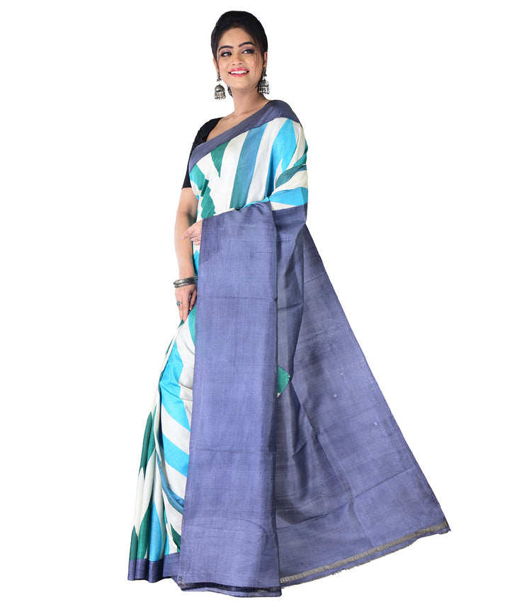 White striped multicolor hand printed silk saree