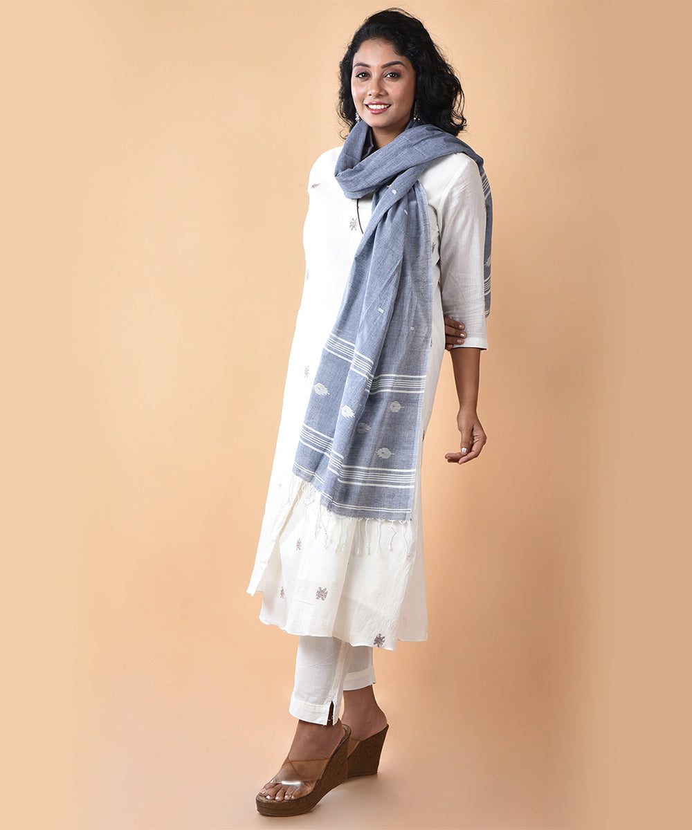 Sky blue white handloom cotton jamdani stole