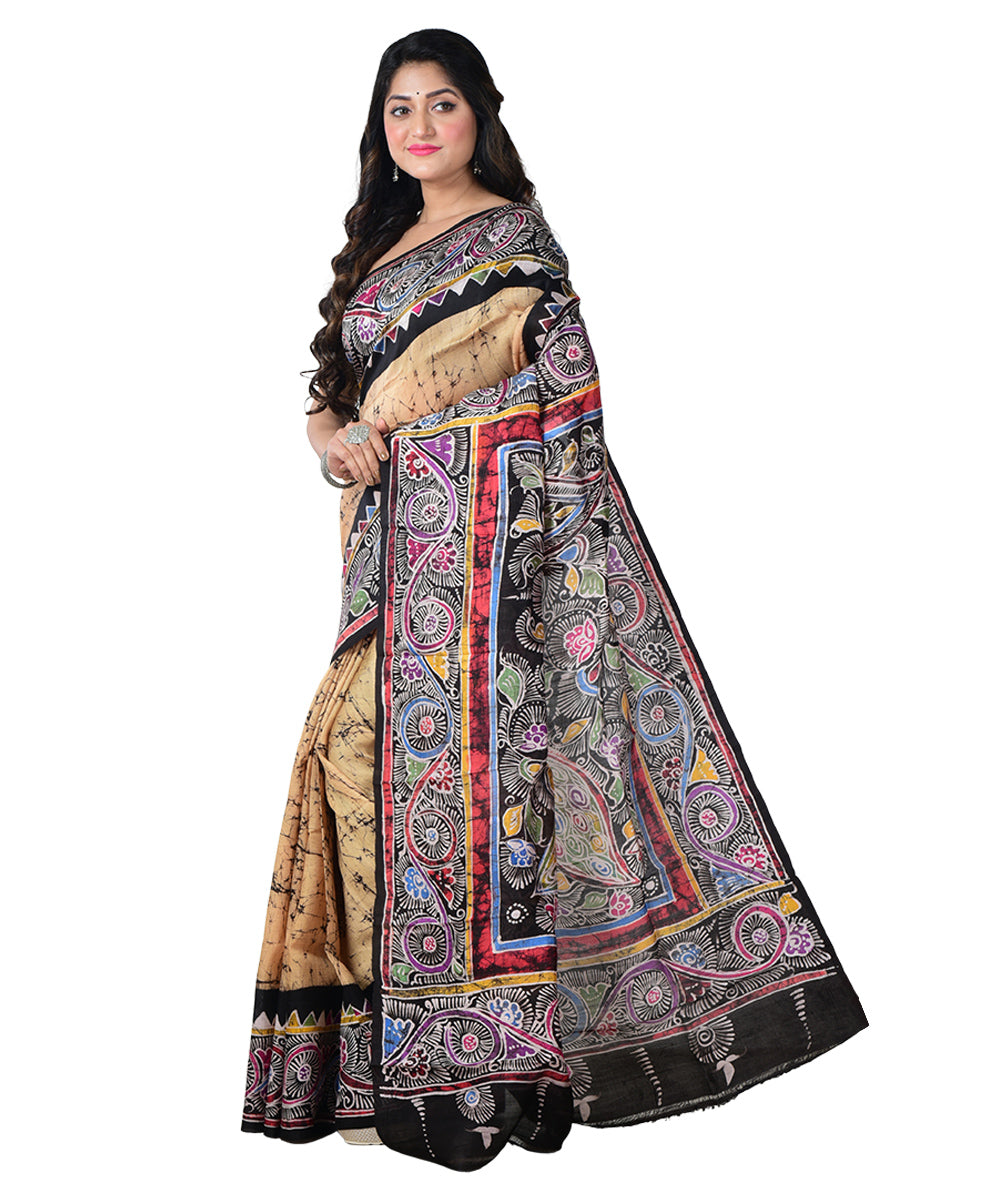 Beige brown batik print handprinted silk saree