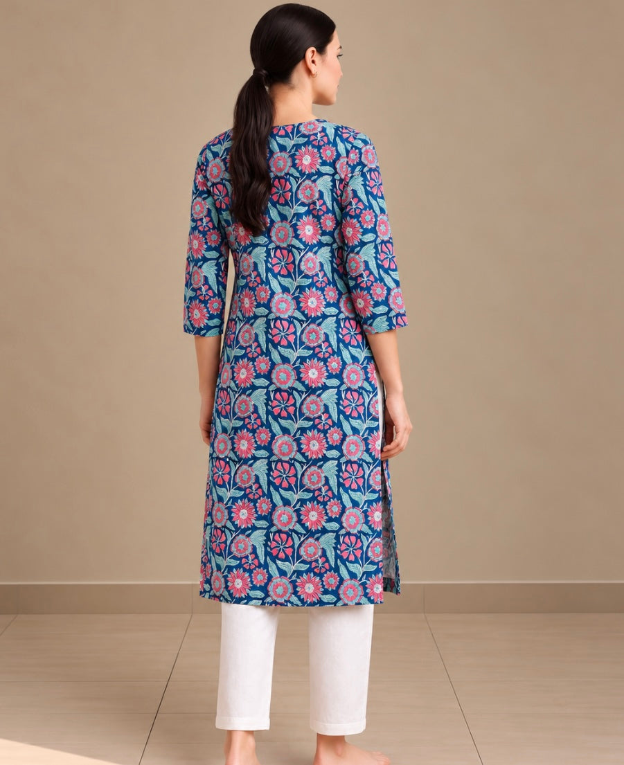 Blue hand block printed pure cotton kurti