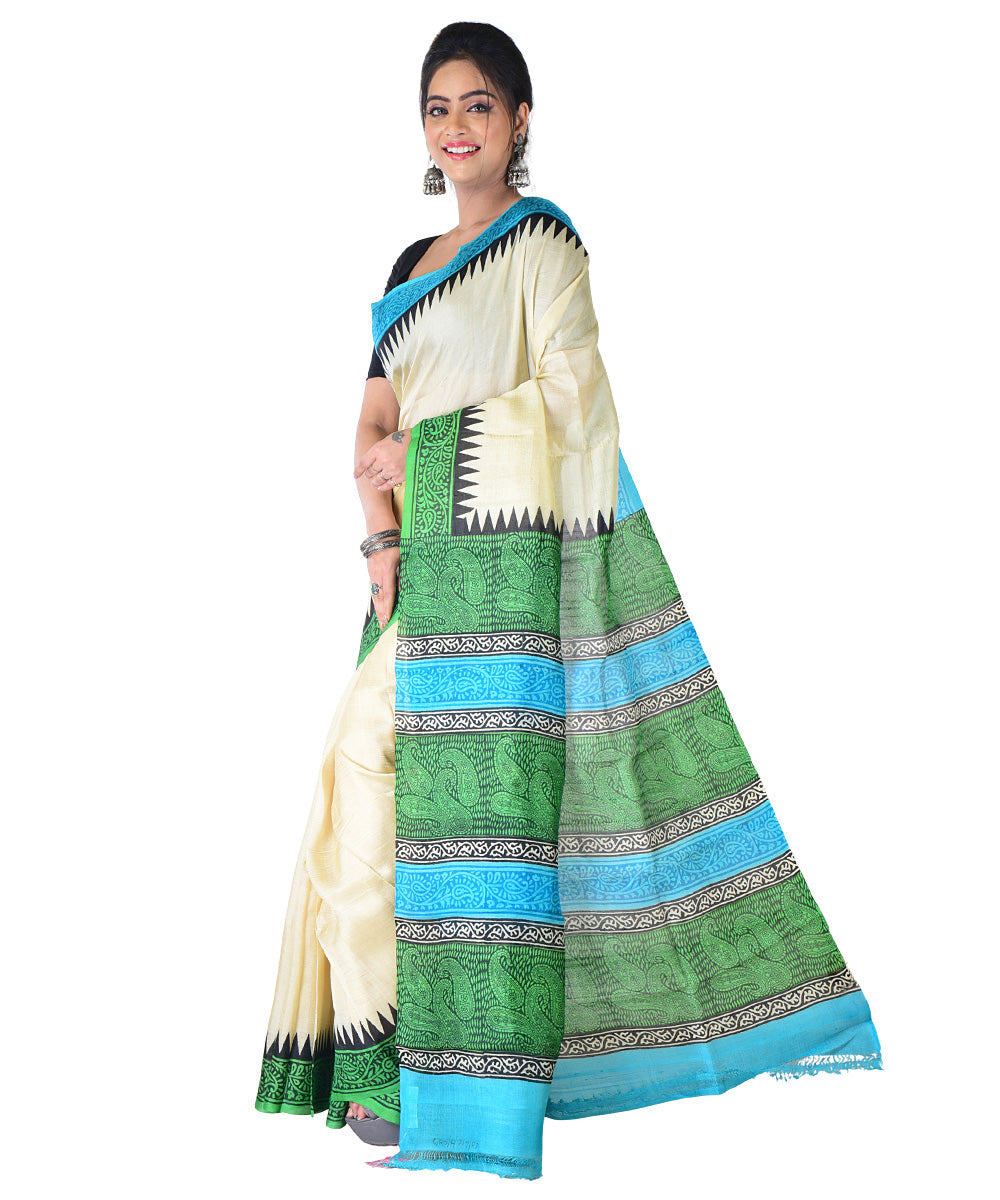 White dark green hand printed silk saree