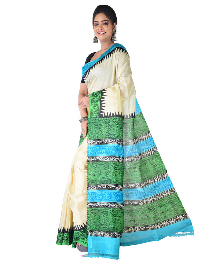 White dark green hand printed silk saree