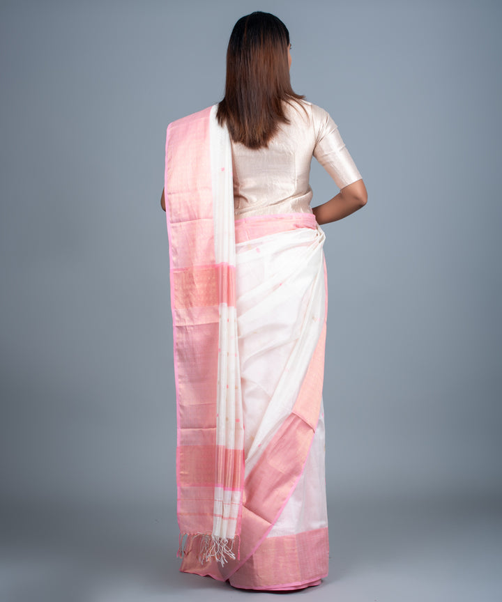 White pink handwoven maheshwari cotton silk saree