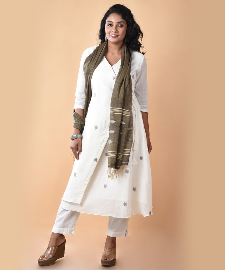 Brown white handloom cotton jamdani stole